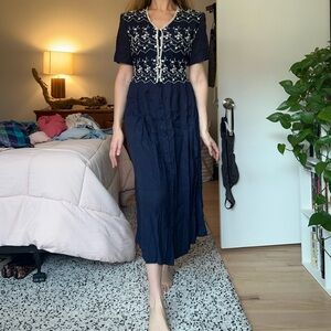 S.L. Fashions Navy and White Tie Bacn Midi Dress